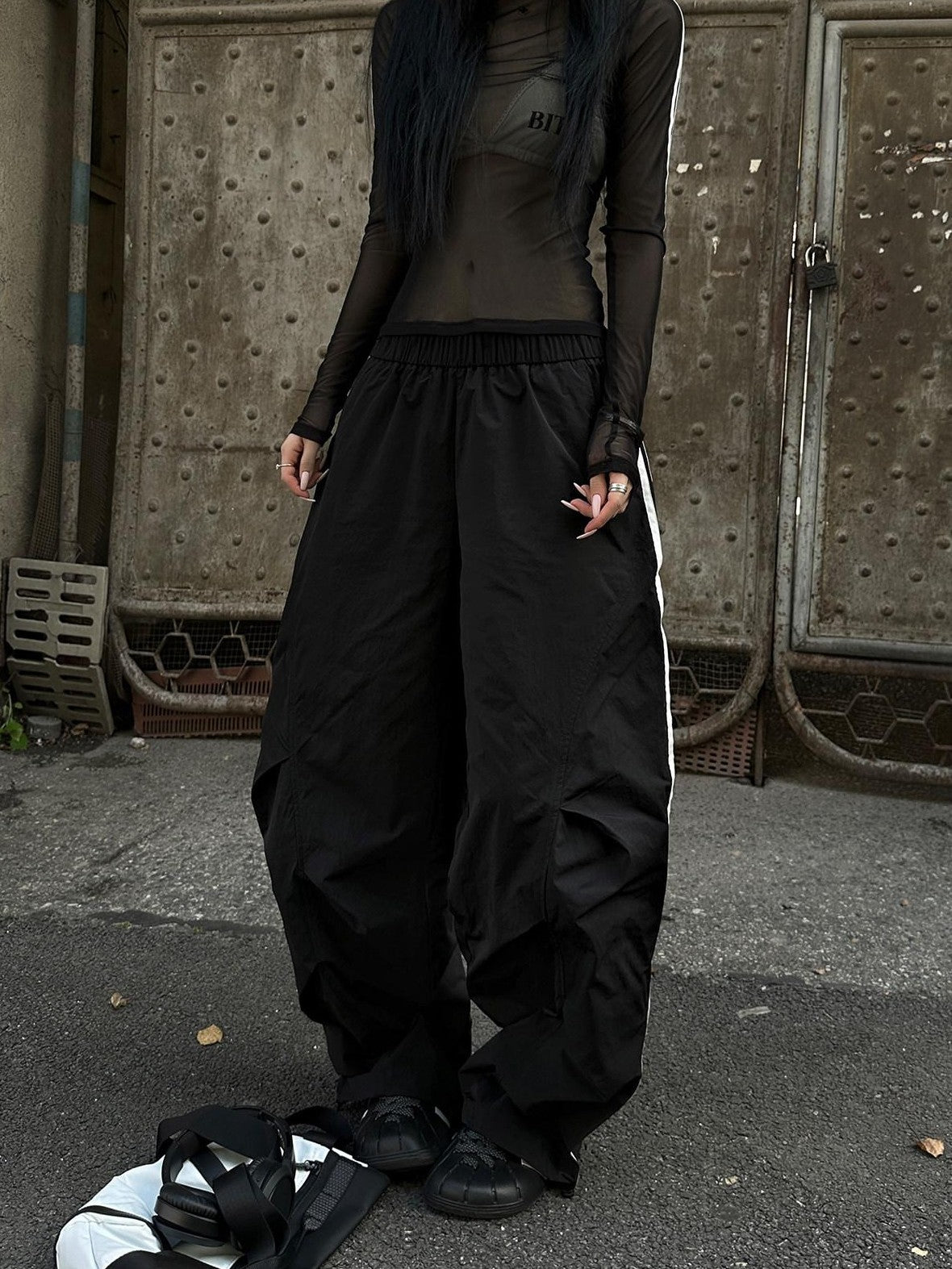 Fanptntox Black Tape Panel Street Casual Women's Loose Low Rise Wide-leg Pants