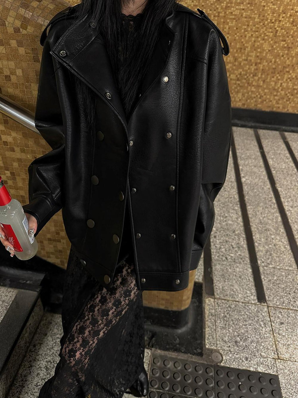 Fanptntox Black Textured Double Breasted Vintage Lapel Oversized Women's Leather Jackets