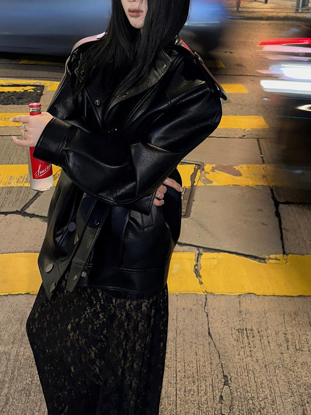 Fanptntox Black Textured Double Breasted Vintage Lapel Oversized Women's Leather Jackets
