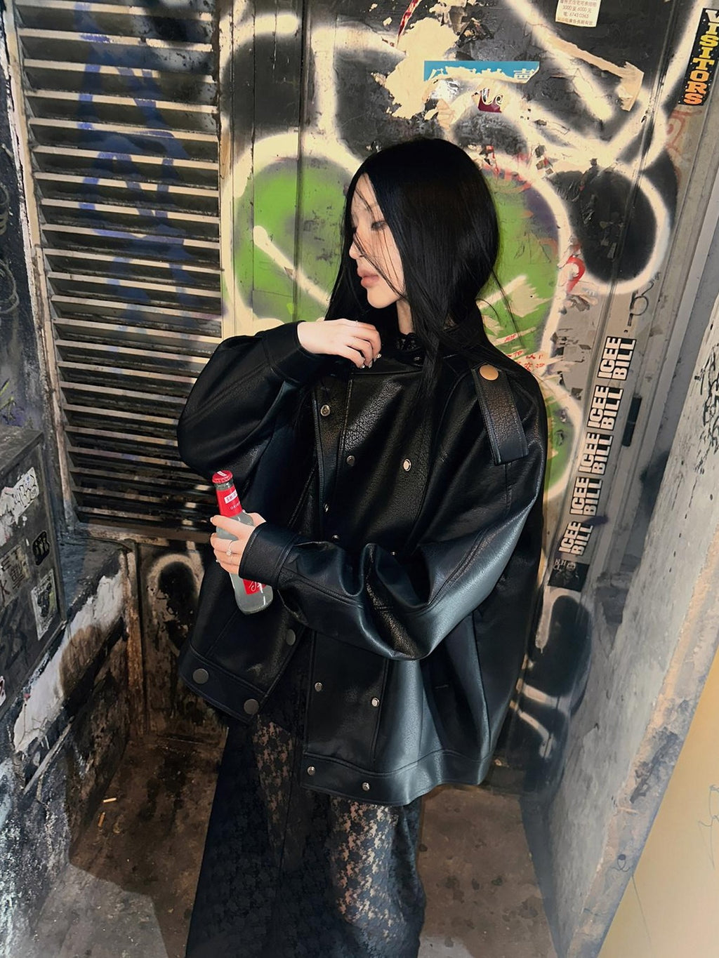 Fanptntox Black Textured Double Breasted Vintage Lapel Oversized Women's Leather Jackets