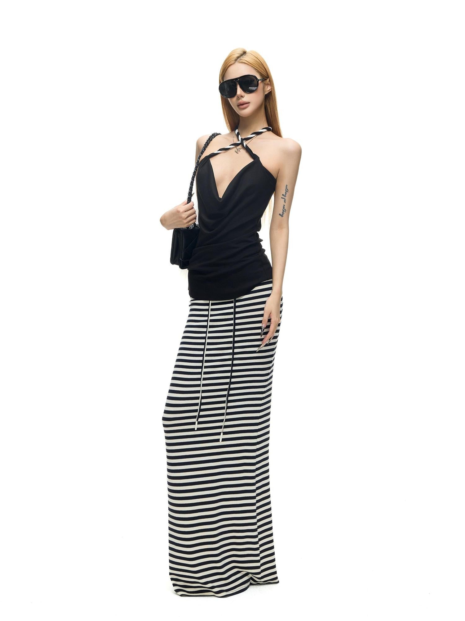 Fanptntox Black Twist Knot Knitted Slim Fit Women's Lyocell Stretch Halter Tops