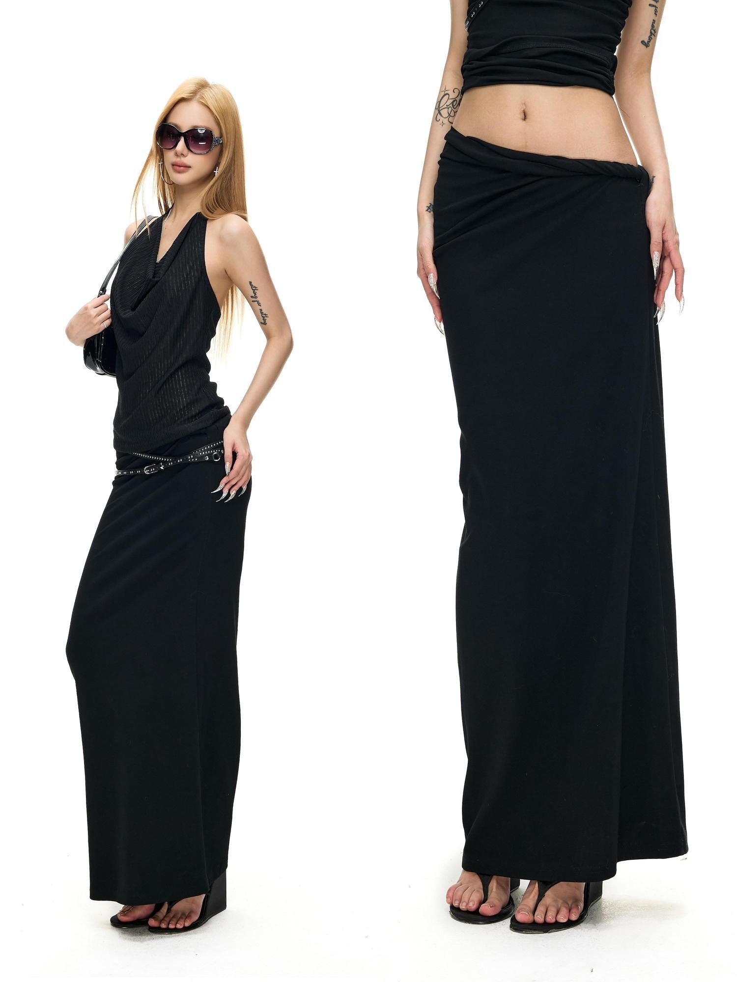 Fanptntox Black Twist Knot Low Waist Knitted Slim Cotton Stretch Women's Maxi Skirts