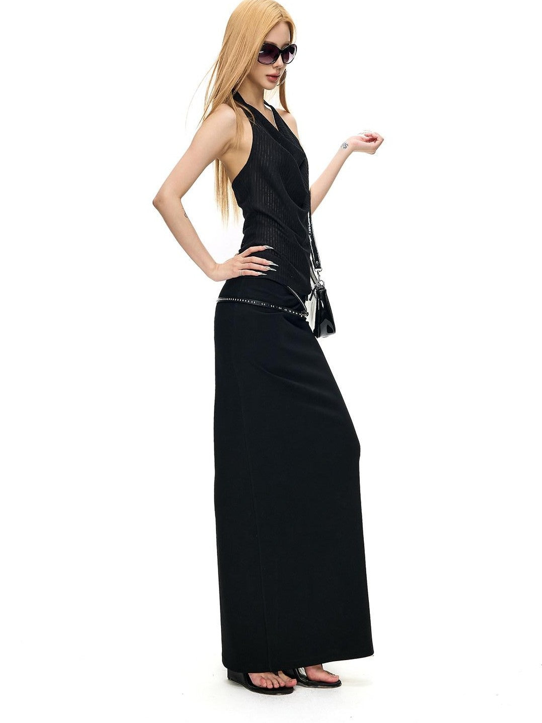 Fanptntox Black Twist Knot Low Waist Knitted Slim Cotton Stretch Women's Maxi Skirts
