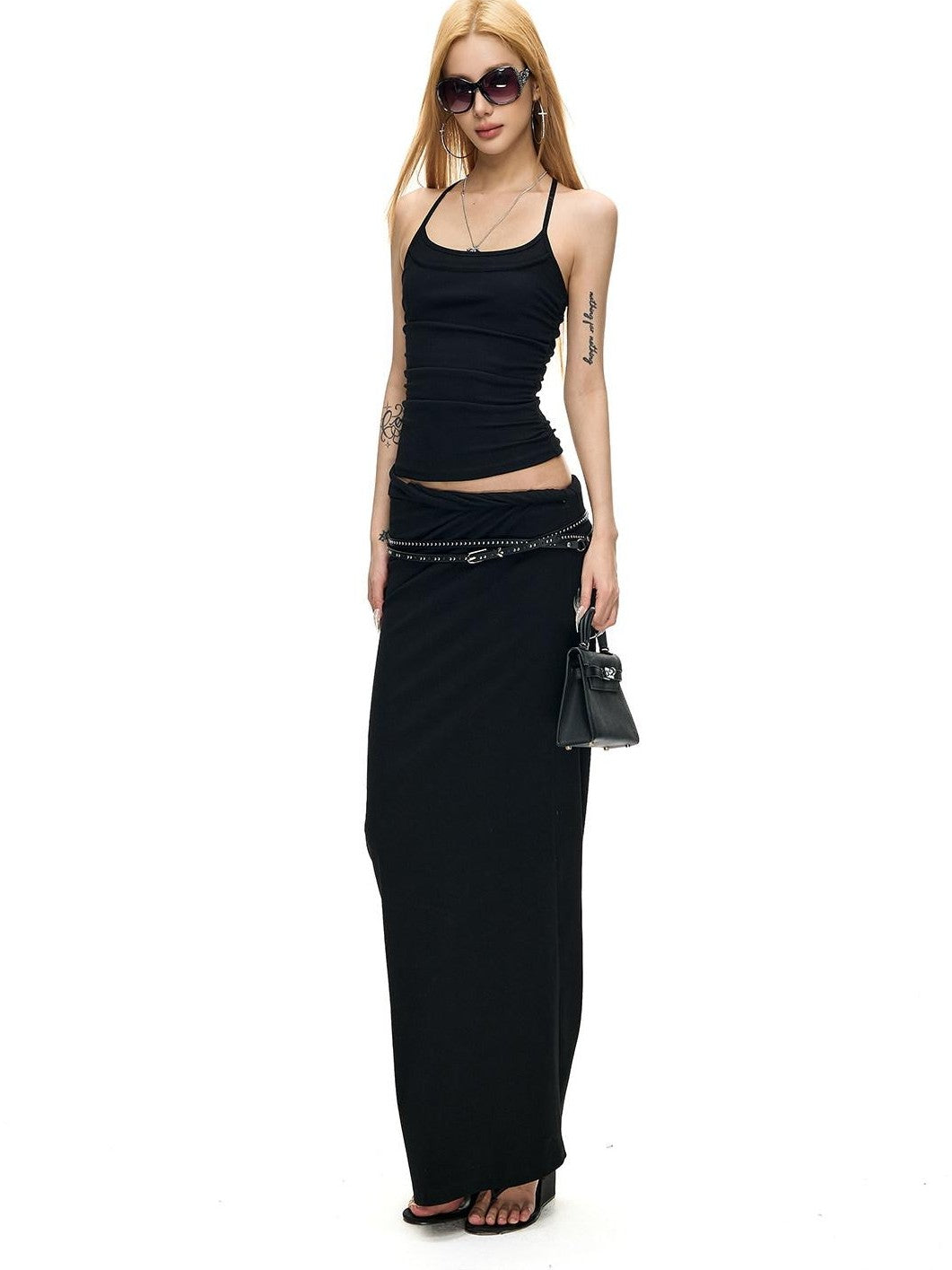 Fanptntox Black Twist Knot Low Waist Knitted Slim Cotton Stretch Women's Maxi Skirts