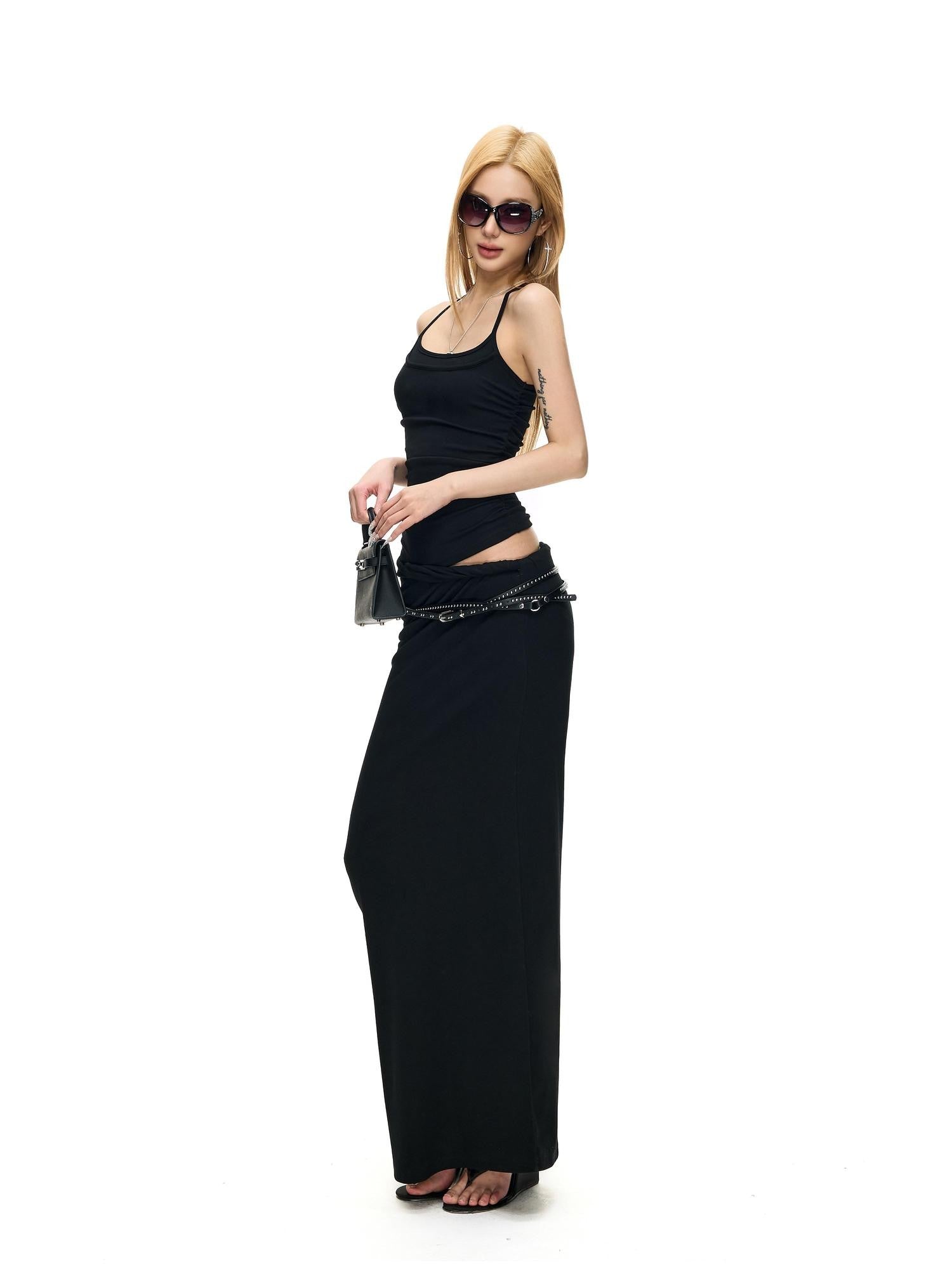 Fanptntox Black Twist Knot Low Waist Knitted Slim Cotton Stretch Women's Maxi Skirts