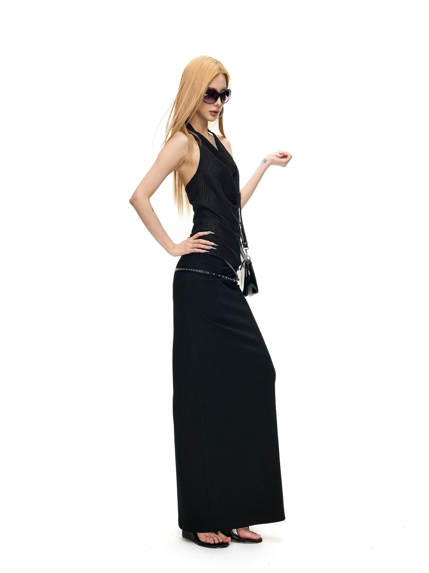 Fanptntox Black Twist Knot Low Waist Knitted Slim Cotton Stretch Women's Maxi Skirts