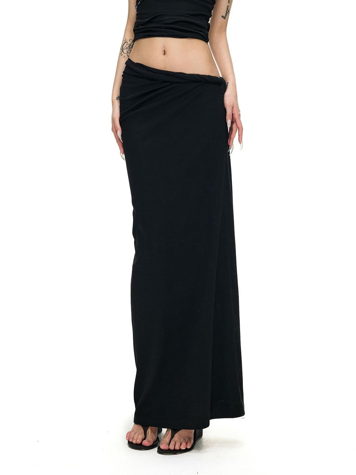 Fanptntox Black Twist Knot Low Waist Knitted Slim Cotton Stretch Women's Maxi Skirts