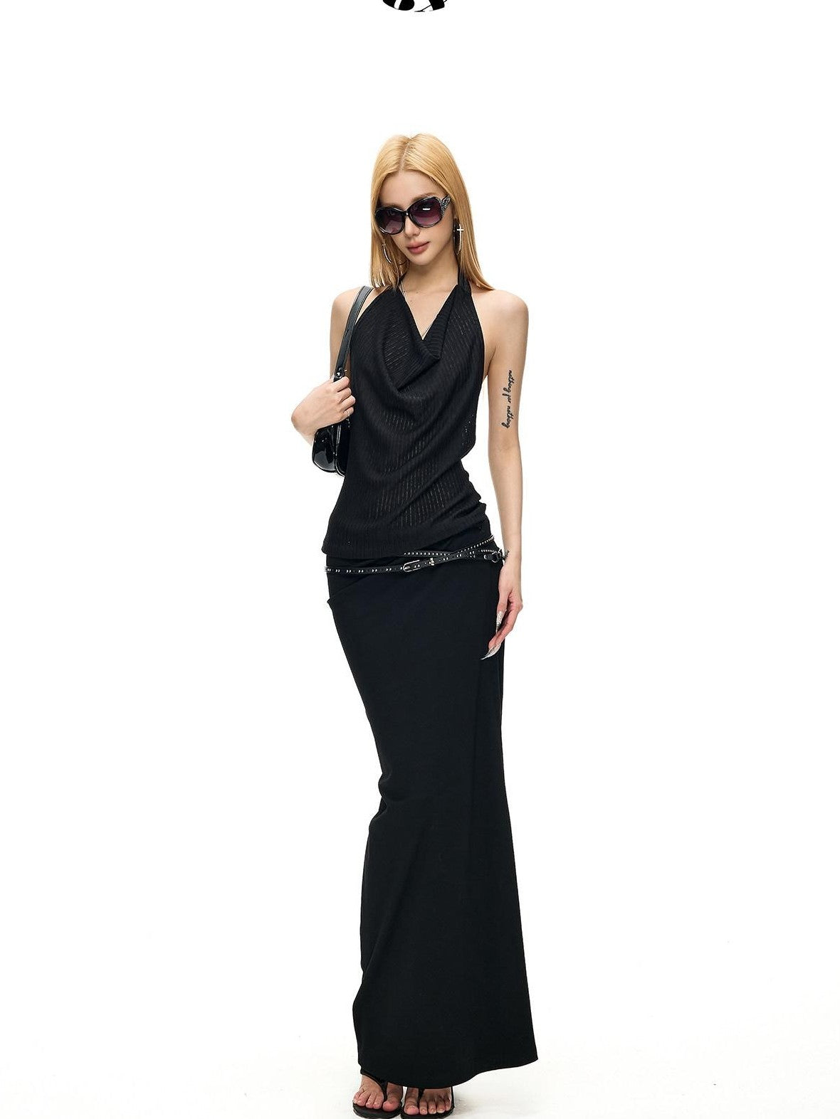 Fanptntox Black Twist Knot Low Waist Knitted Slim Cotton Stretch Women's Maxi Skirts