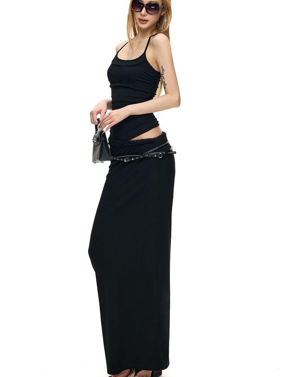 Fanptntox Black Twist Knot Low Waist Knitted Slim Cotton Stretch Women's Maxi Skirts