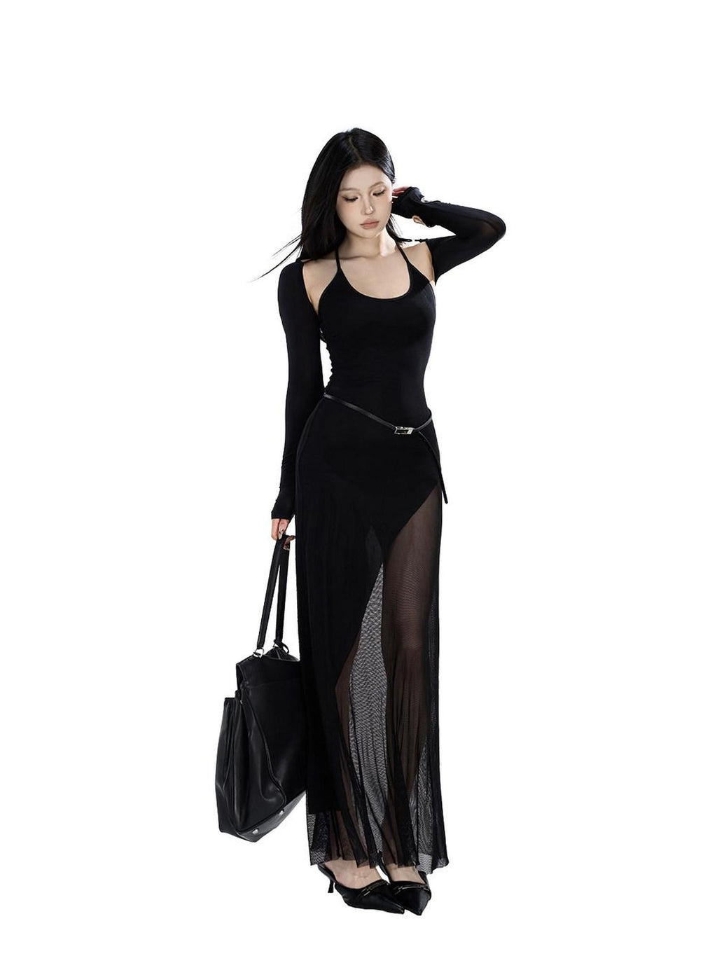 Fanptntox Black U Neck Mesh Panel Cinched Waist Women's Slip Maxi Dresses