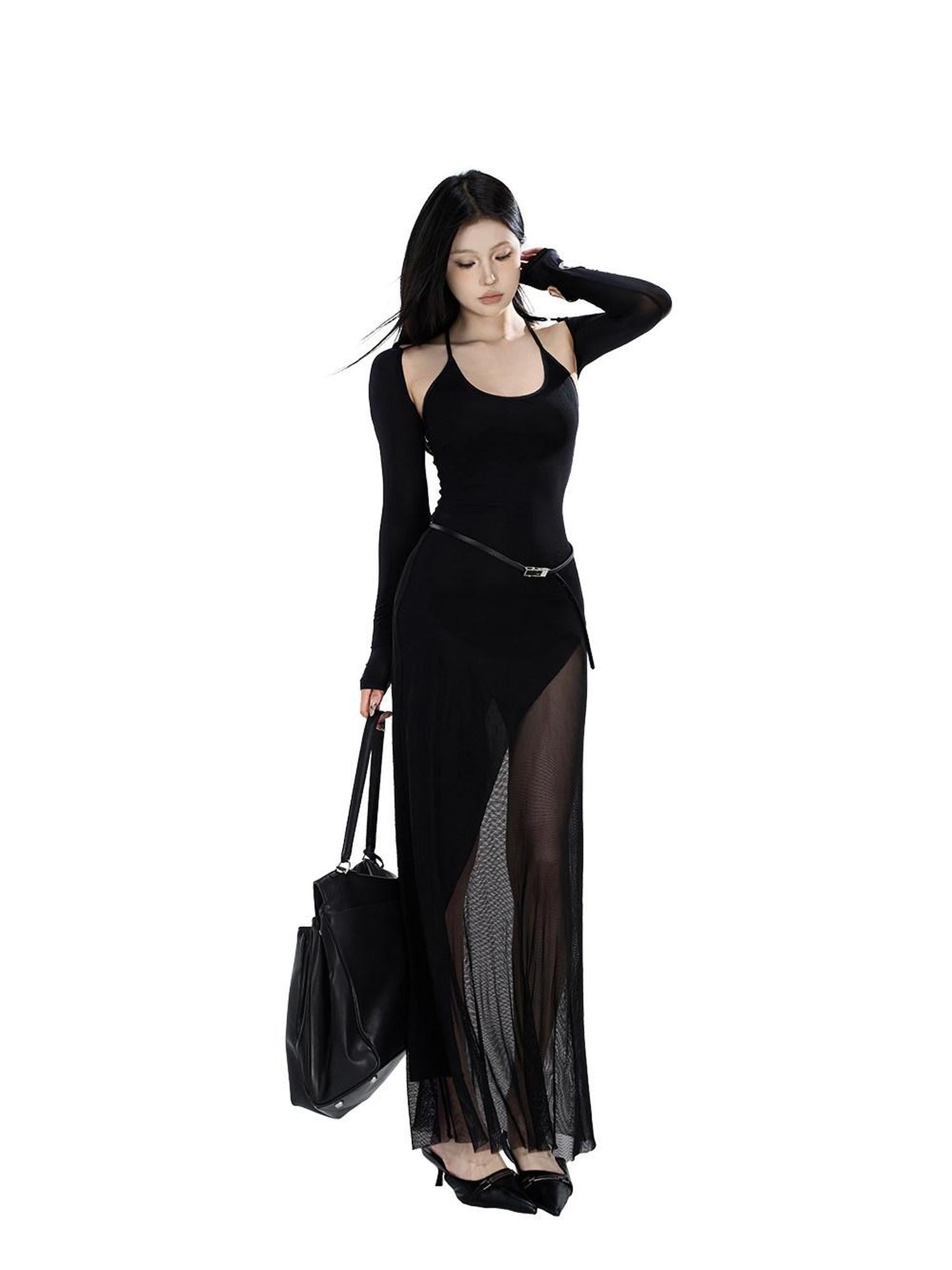 Fanptntox Black U Neck Mesh Panel Cinched Waist Women's Slip Maxi Dresses