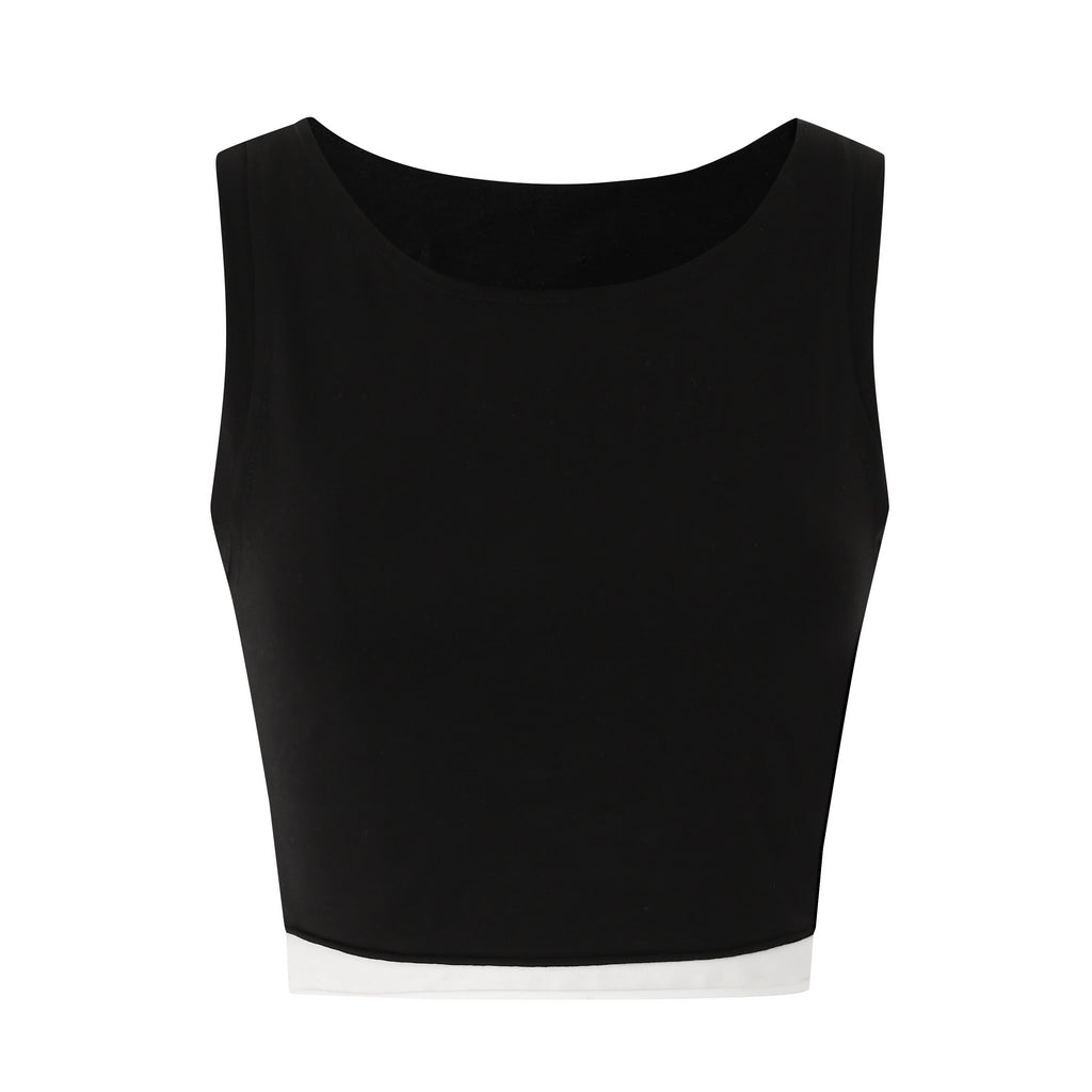 Fanptntox_Black_White_Colorblock_Frayed_Edge_Cropped_Women's_Cotton_Racerback_Tank_Tops_720725686203_MISSTT