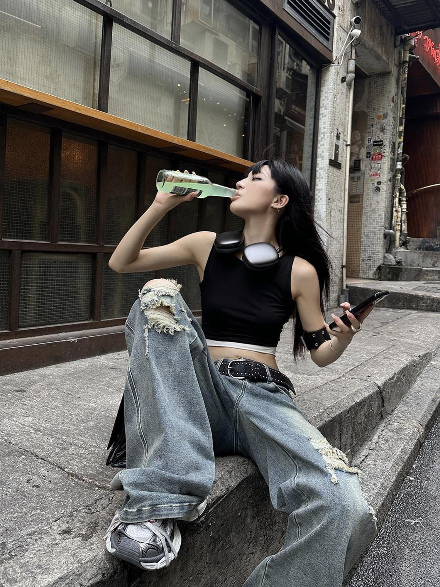 Fanptntox Black White Colorblock Frayed Edge Cropped Women's Cotton Racerback Tank Tops