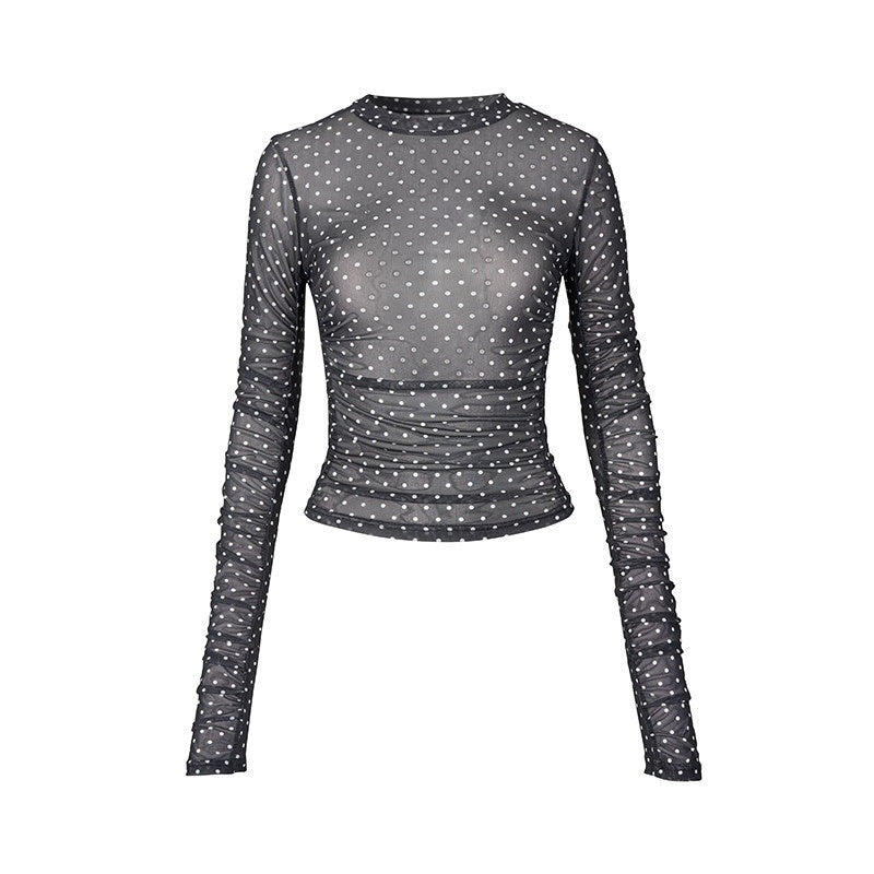 Fanptntox_Black_White_Polka_Dot_Mesh_Mock_Neck_Women's_Long_Sleeve_T-shirts_773708295513_MISSTT