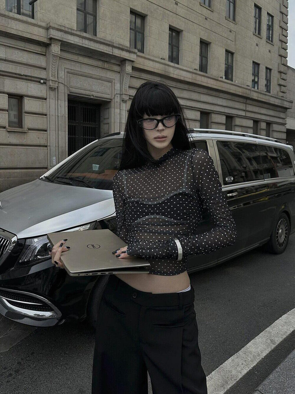 Fanptntox Black White Polka Dot Mesh Mock Neck Women's Long Sleeve T-shirts