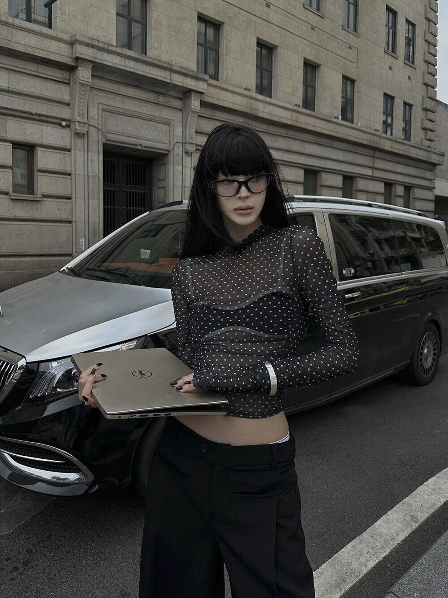 Fanptntox Black White Polka Dot Mesh Mock Neck Women's Long Sleeve T-shirts
