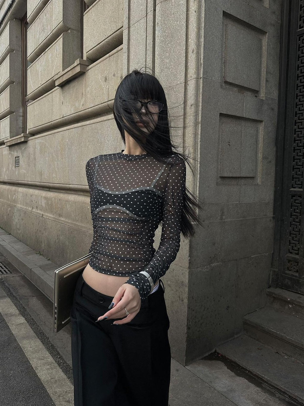 Fanptntox Black White Polka Dot Mesh Mock Neck Women's Long Sleeve T-shirts