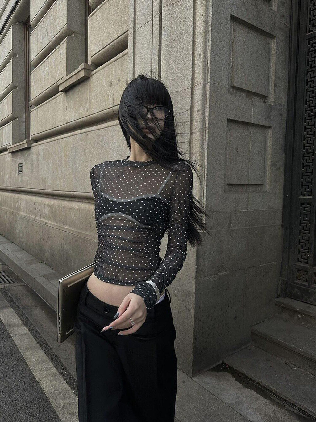 Fanptntox Black White Polka Dot Mesh Mock Neck Women's Long Sleeve T-shirts