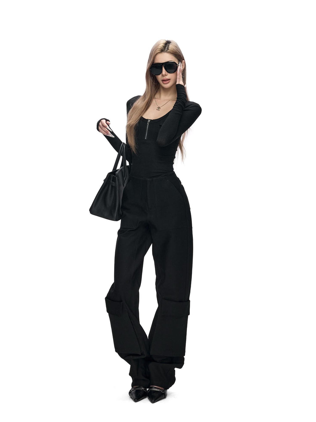 Fanptntox Black White Workwear U Neck Slim Knit Women's Polyester Long Sleeve T-shirts