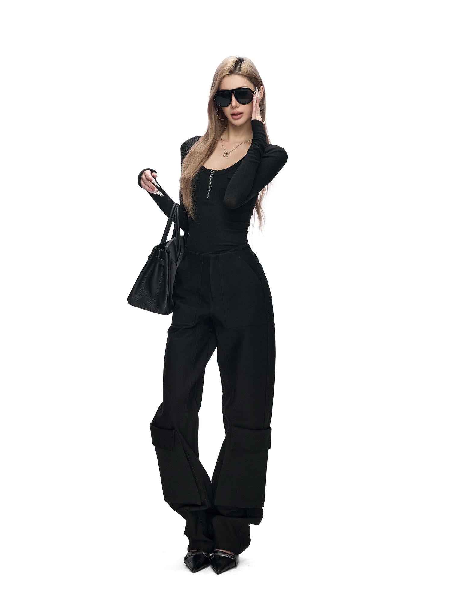 Fanptntox Black White Workwear U Neck Slim Knit Women's Polyester Long Sleeve T-shirts