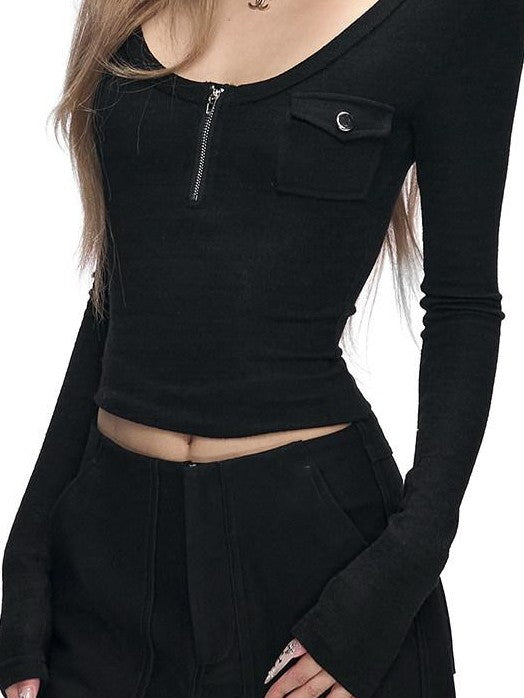 Fanptntox Black White Workwear U Neck Slim Knit Women's Polyester Long Sleeve T-shirts