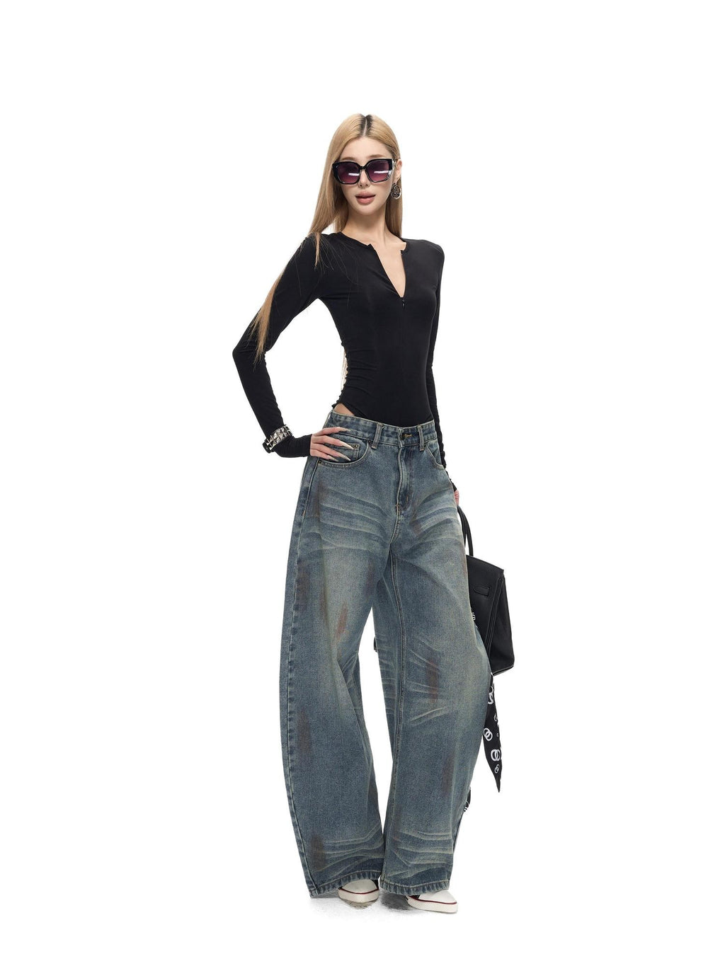 Fanptntox Black Zip Round Neck Shaping Slim Knit Women's Viscose Long Sleeve Bodysuits