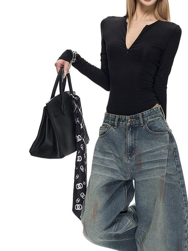 Fanptntox Black Zip Round Neck Shaping Slim Knit Women's Viscose Long Sleeve Bodysuits