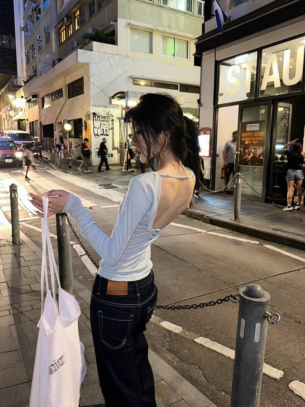 Fanptntox Blue Gray Solid Open Back Round Neck Slim Fit Women's Long Sleeve T-shirts
