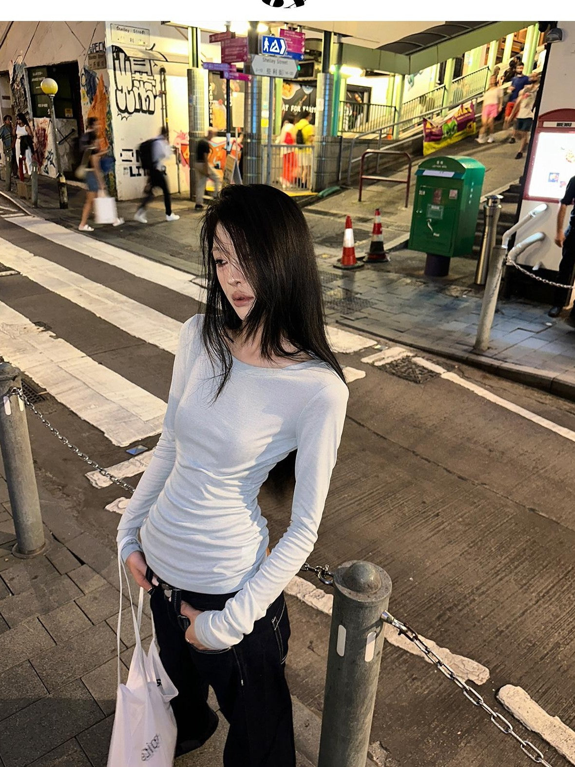 Fanptntox Blue Gray Solid Open Back Round Neck Slim Fit Women's Long Sleeve T-shirts