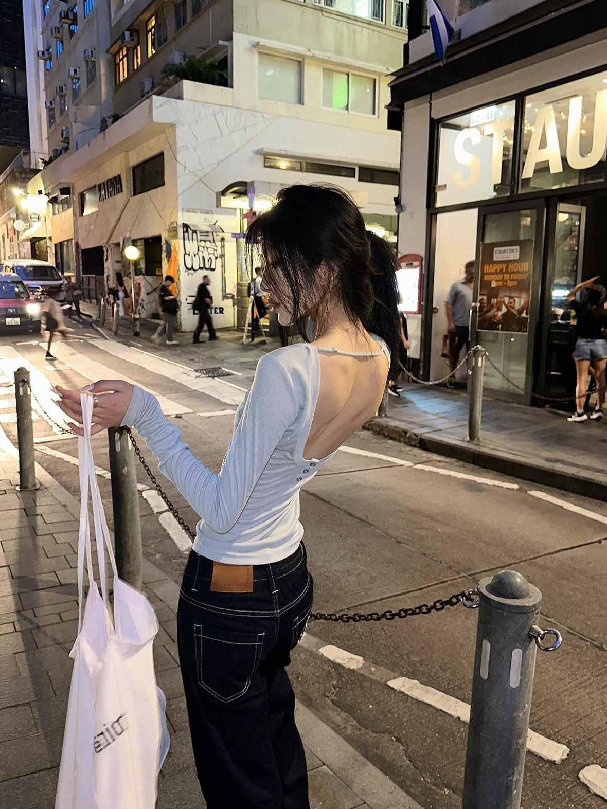 Fanptntox Blue Gray Solid Open Back Round Neck Slim Fit Women's Long Sleeve T-shirts