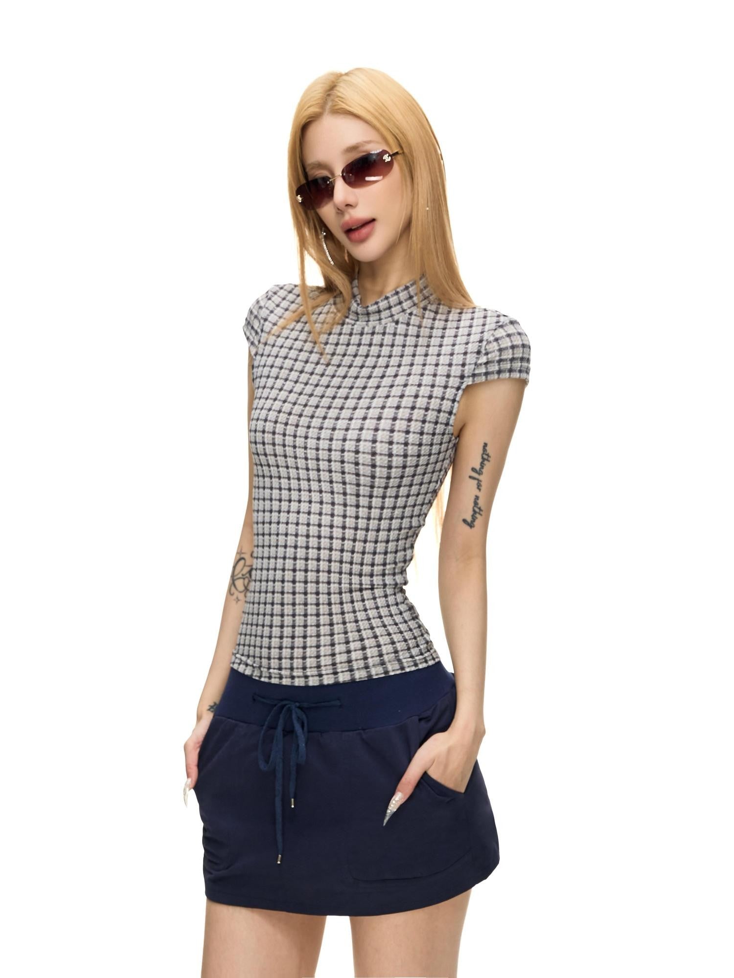 Fanptntox Blue Grey Yarn Dyed Plaid Half Mock Neck Knit Women's Polyester Slim T-shirts