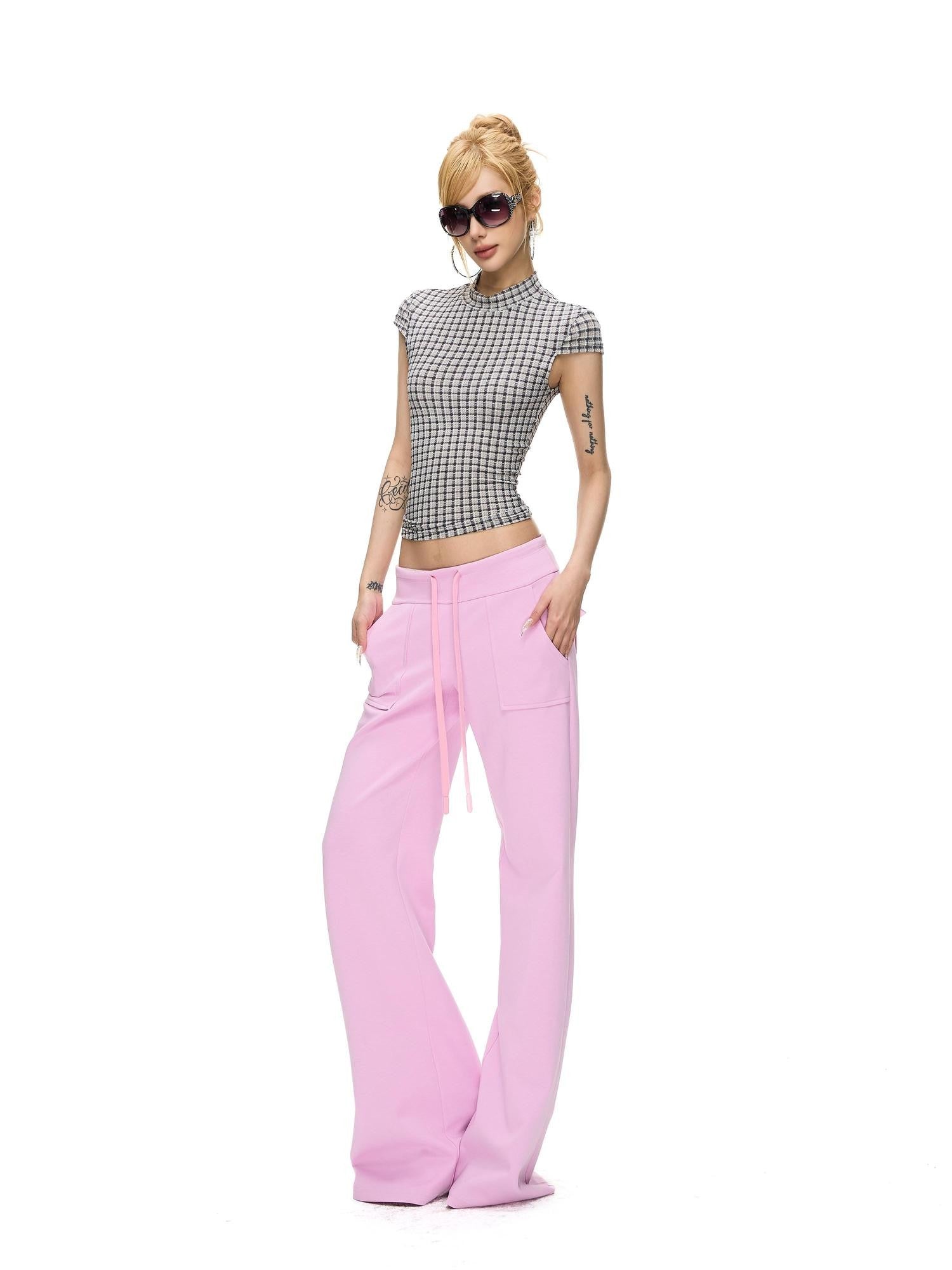 Fanptntox Blue Grey Yarn Dyed Plaid Half Mock Neck Knit Women's Polyester Slim T-shirts