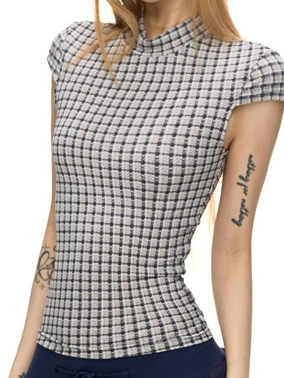 Fanptntox Blue Grey Yarn Dyed Plaid Half Mock Neck Knit Women's Polyester Slim T-shirts