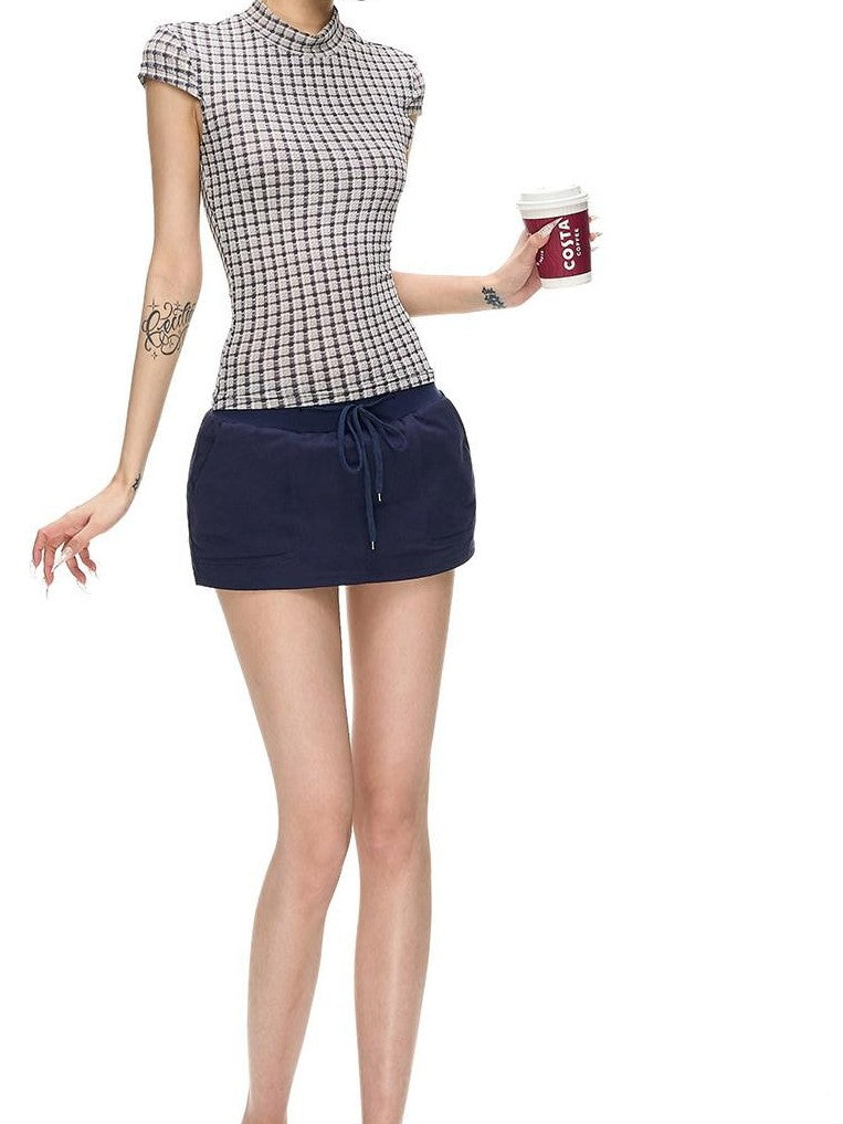 Fanptntox Blue Grey Yarn Dyed Plaid Half Mock Neck Knit Women's Polyester Slim T-shirts