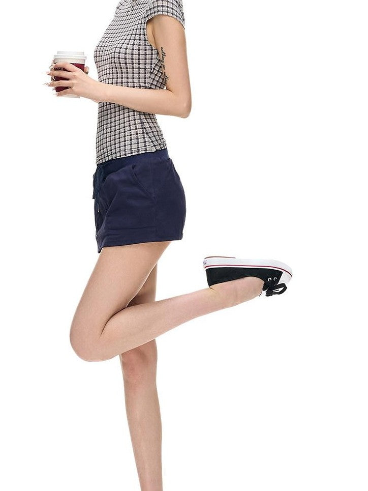 Fanptntox Blue Grey Yarn Dyed Plaid Half Mock Neck Knit Women's Polyester Slim T-shirts