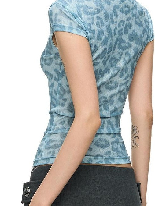 Fanptntox Blue Leopard Printed Cropped Half Collar Women's Polyester Spandex Slim T-shirts