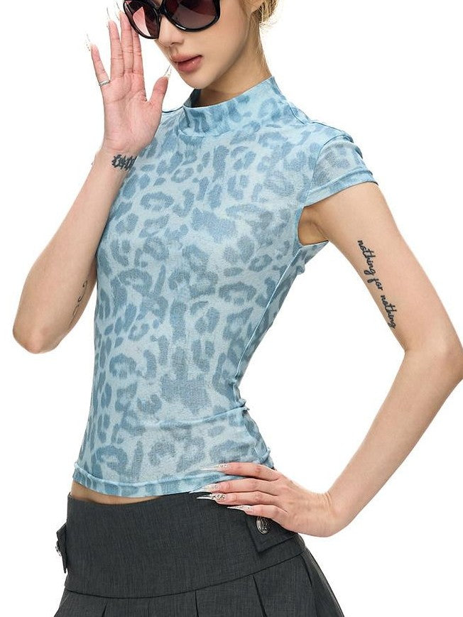 Fanptntox Blue Leopard Printed Cropped Half Collar Women's Polyester Spandex Slim T-shirts