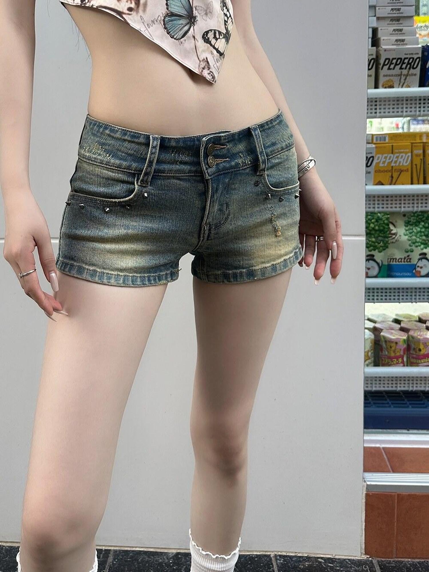 Fanptntox Blue Retro Studded Low Waist Zipper Fly Slim Women's Denim Shorts