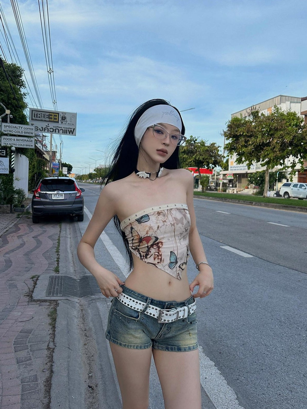 Fanptntox Blue Retro Studded Low Waist Zipper Fly Slim Women's Denim Shorts