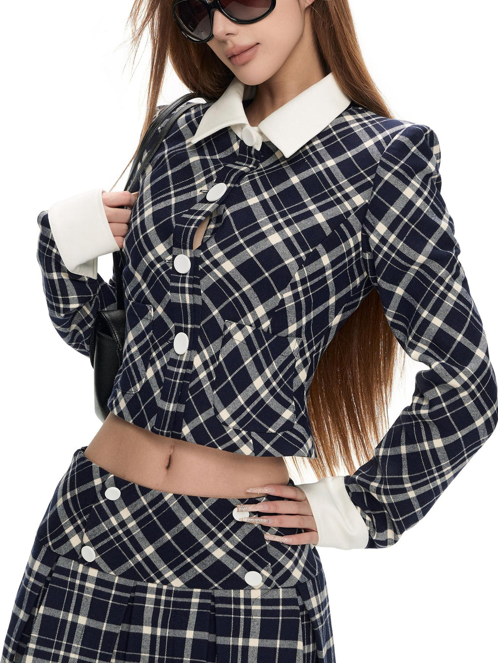 Fanptntox Blue White Plaid Slim Fit Long Sleeve Button Women's Polyester Matching Skirt Sets
