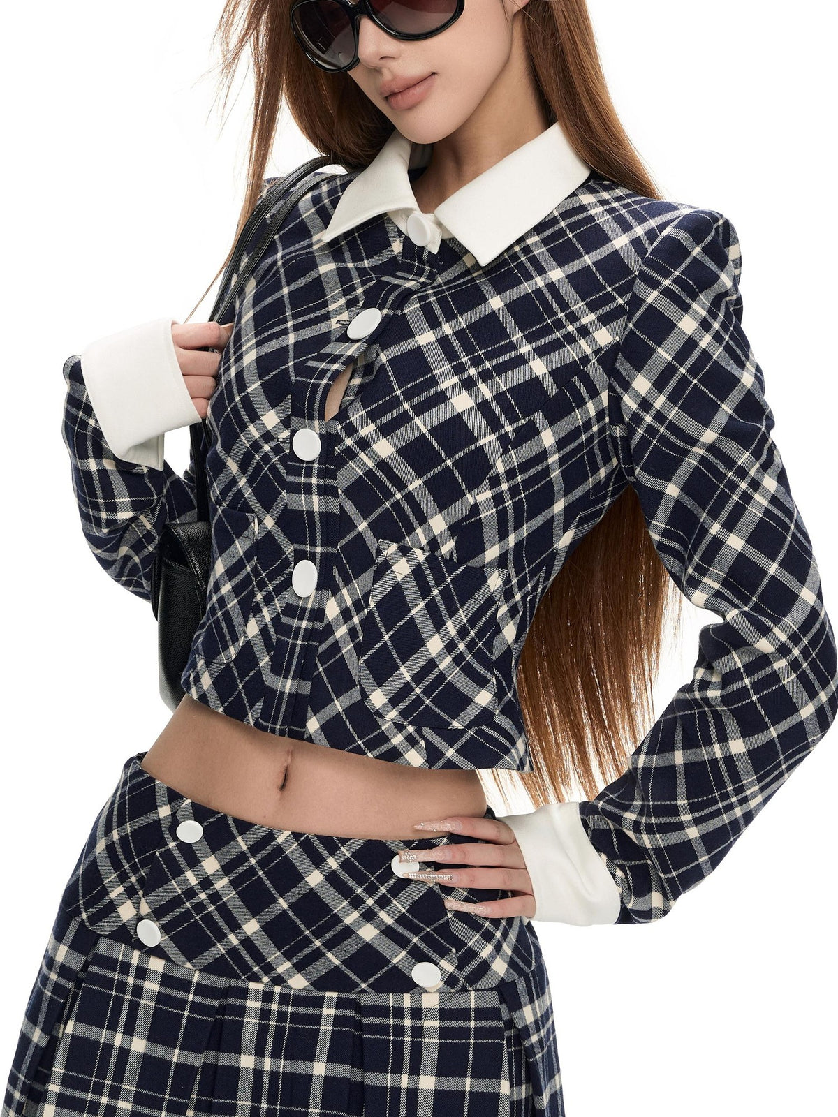 Fanptntox Blue White Plaid Slim Fit Long Sleeve Button Women's Polyester Matching Skirt Sets