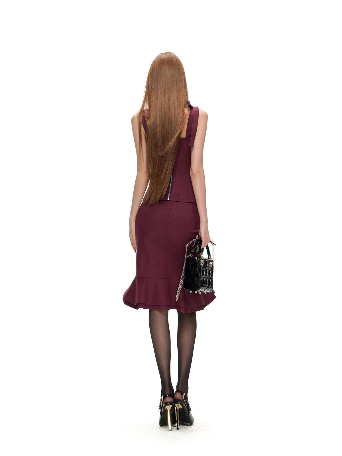 Fanptntox Bow Detail Fishbone Sleeveless Cami Fitted Mermaid Women's Polyester Matching Skirt Sets
