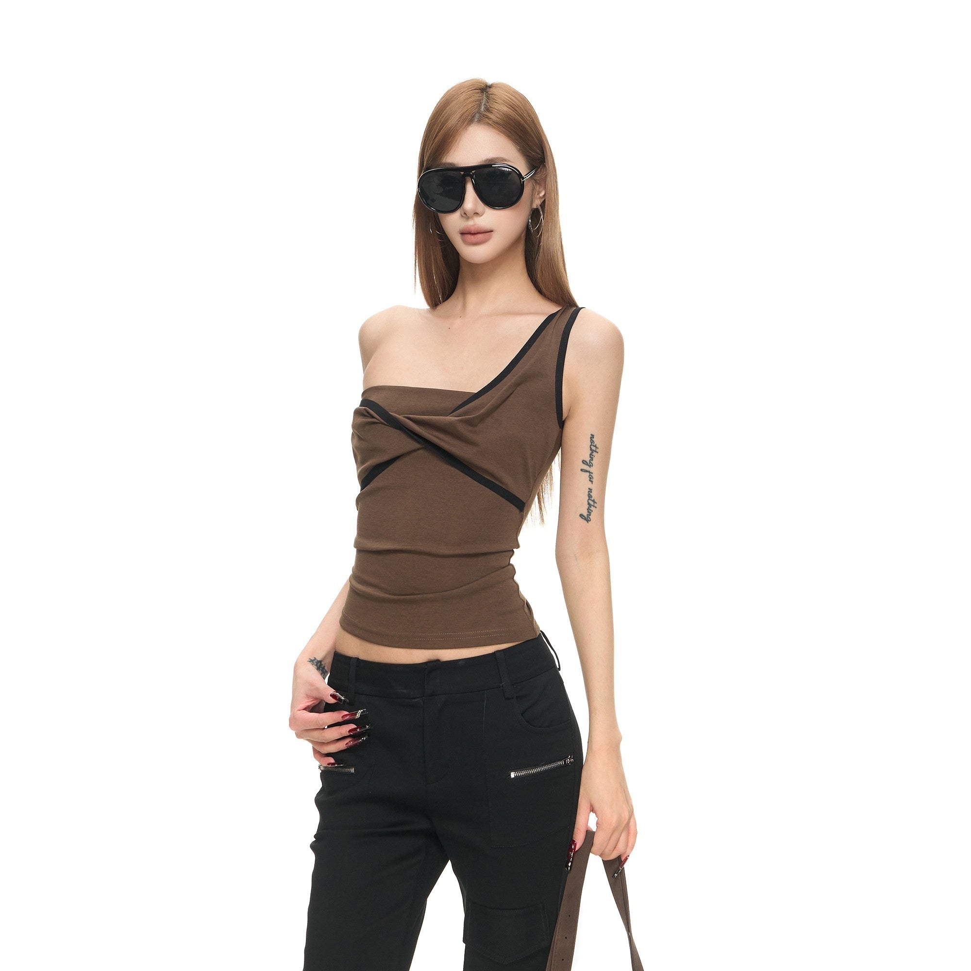 Fanptntox_Brown_3d_Cut_Twist_Knot_One_Shoulder_Contrast_Women's_Cotton_Modal_Camisoles_1030898831898_MISSTT