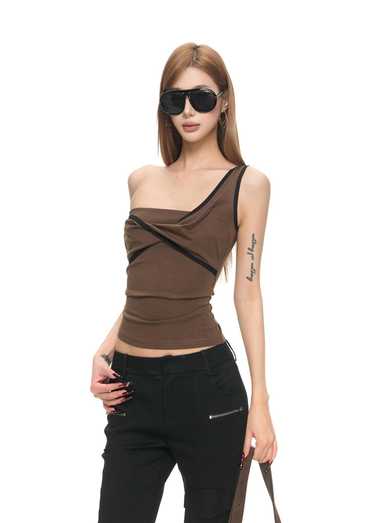 Fanptntox Brown 3d Cut Twist Knot One Shoulder Contrast Women's Cotton Modal Camisoles