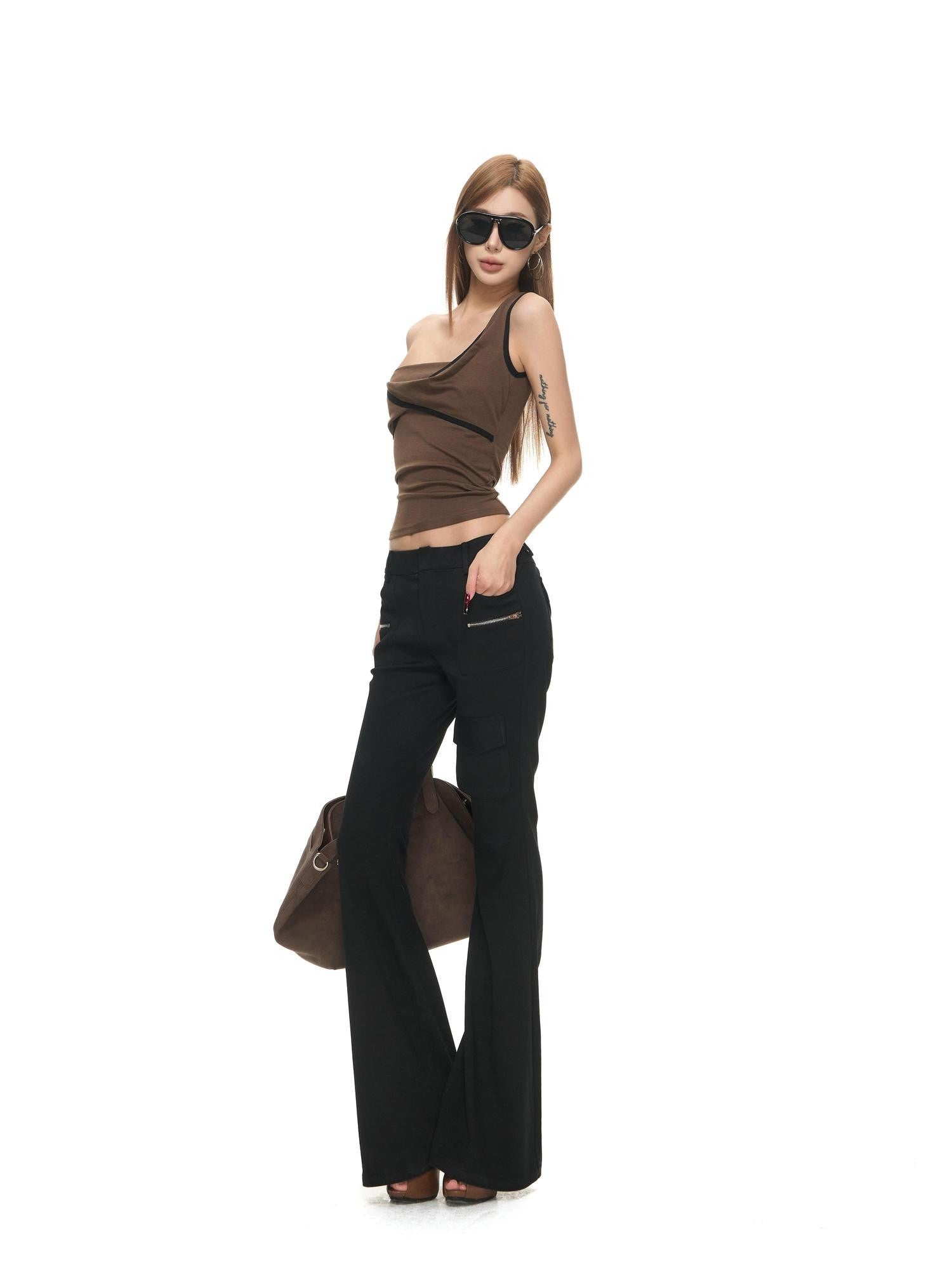 Fanptntox Brown 3d Cut Twist Knot One Shoulder Contrast Women's Cotton Modal Camisoles