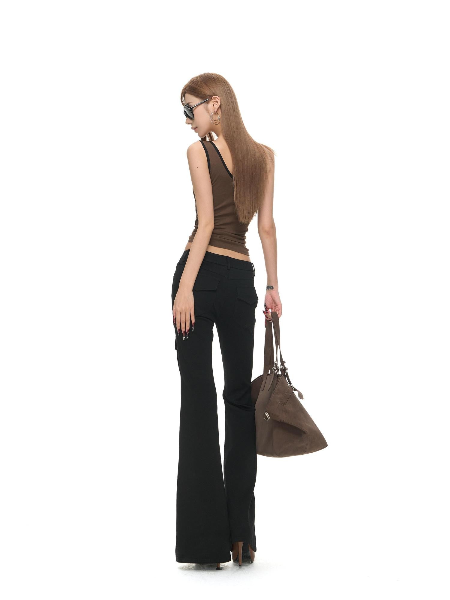 Fanptntox Brown 3d Cut Twist Knot One Shoulder Contrast Women's Cotton Modal Camisoles
