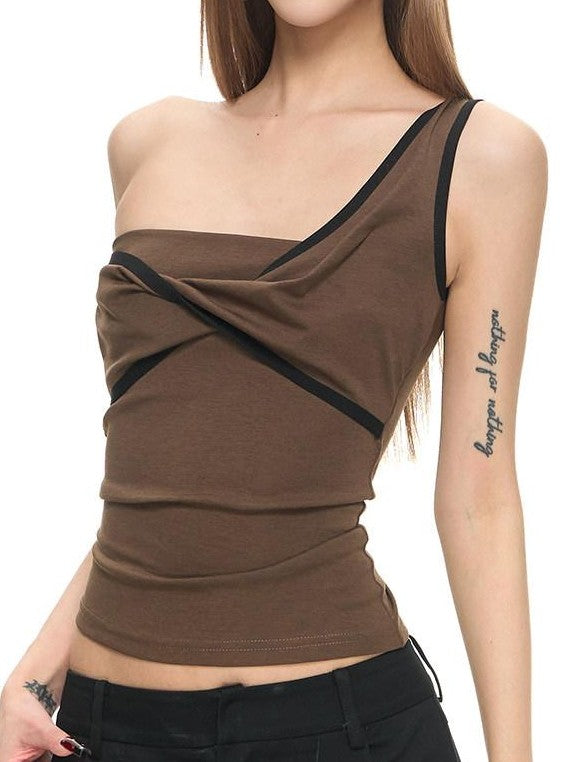 Fanptntox Brown 3d Cut Twist Knot One Shoulder Contrast Women's Cotton Modal Camisoles