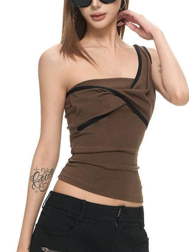 Fanptntox Brown 3d Cut Twist Knot One Shoulder Contrast Women's Cotton Modal Camisoles