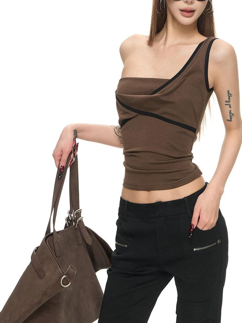 Fanptntox Brown 3d Cut Twist Knot One Shoulder Contrast Women's Cotton Modal Camisoles
