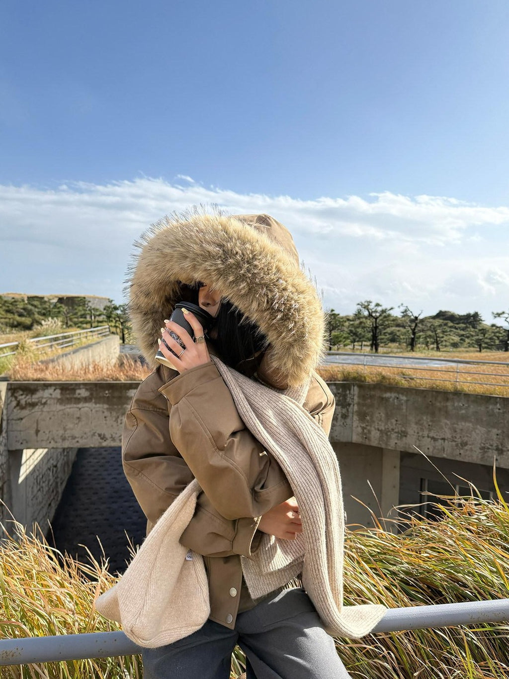 Fanptntox Brown Detachable Hood Large Fur Collar Women's White Duck Down Down Jackets